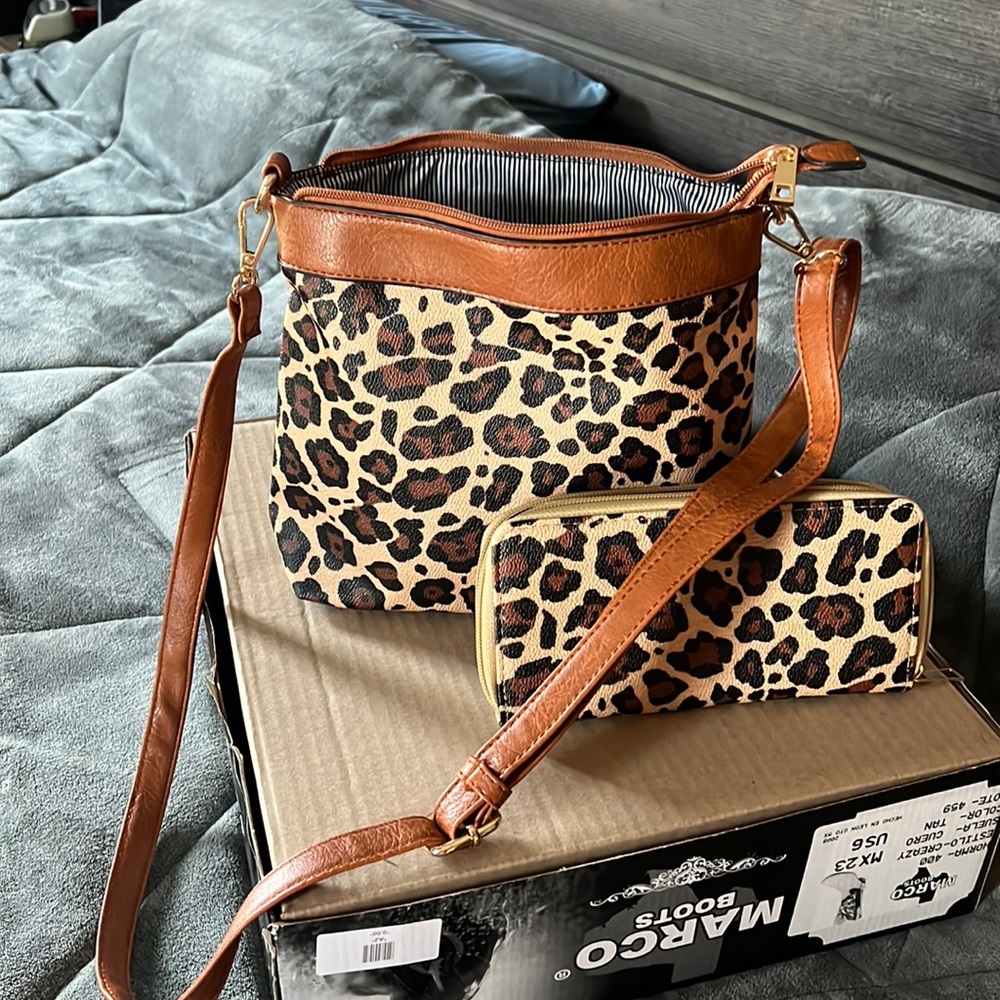 Tan and leopard print crossbody with matching wallet.